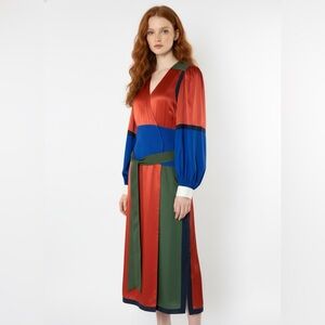 Tory Burch Silk Colorblock Wrap Midi Dress S Blouson Sleeve Belted